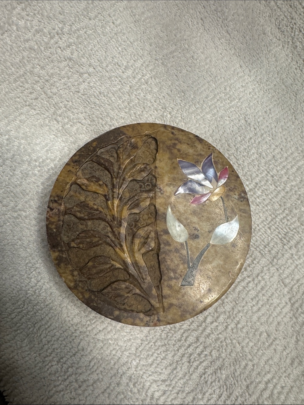 Round Decorative Stone Box with Inlaid Flower Motif - Brown and Iridescent
